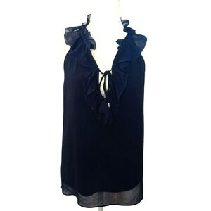 Kensie Navy Blue Sleeveless Ruffle Neck Tie Front Chiffon Blouse Top Size S